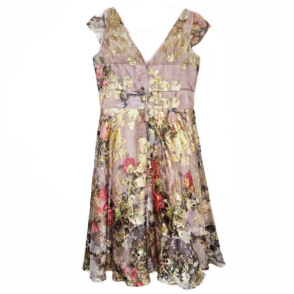 Rickie Freeman Teri Jon Gold Floral Pleated Fit and Flare Midi Cocktail Dress 8 - Picture 9 of 14